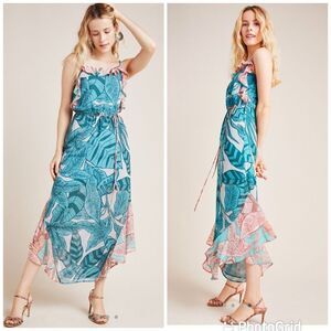 NEW Farm Rio Anthropologie Ruffled Botanical Maxi Dress Iris Blue Medium